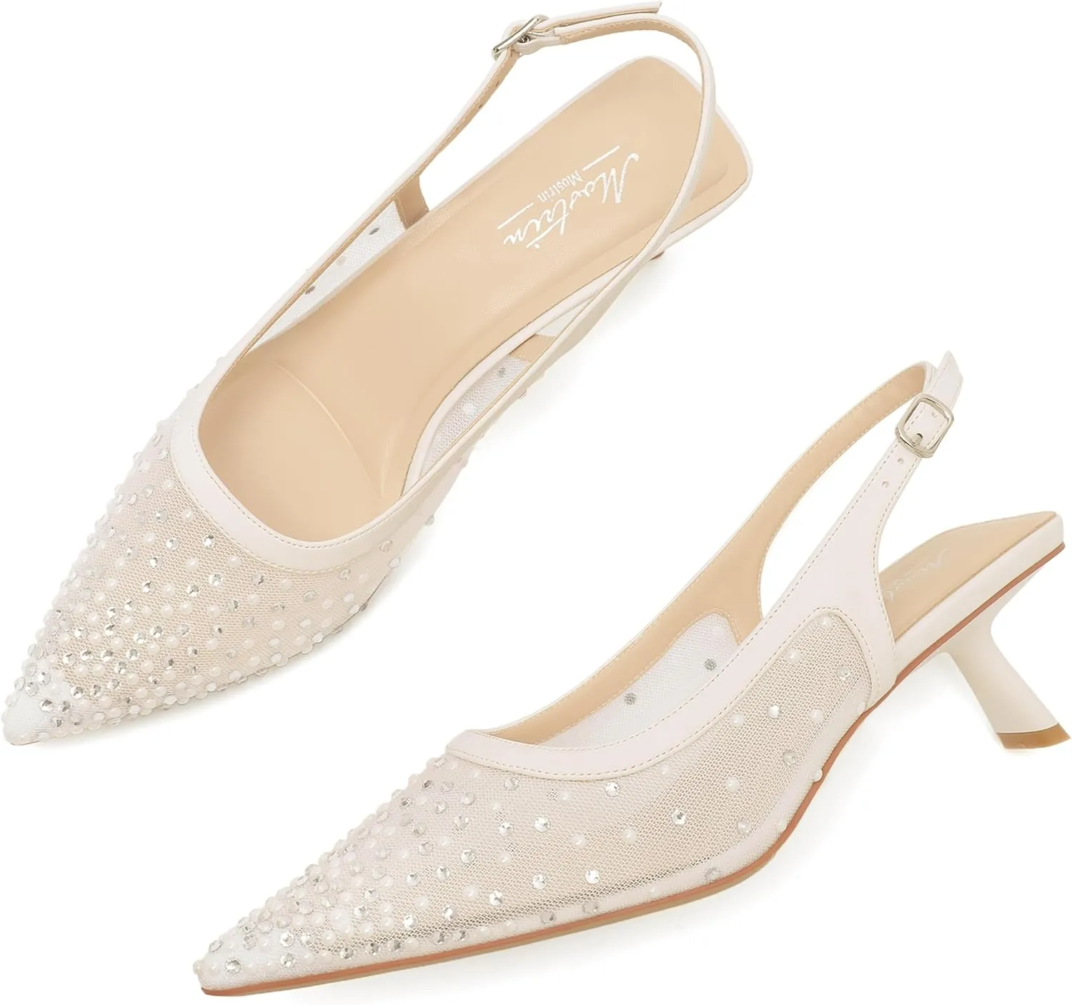 Mostrin Kitten Heels for Women Pointed Toe Pumps Patent Leather Low Heel Slingback Heels with Buckle Dress Shoes for Dating Party Working