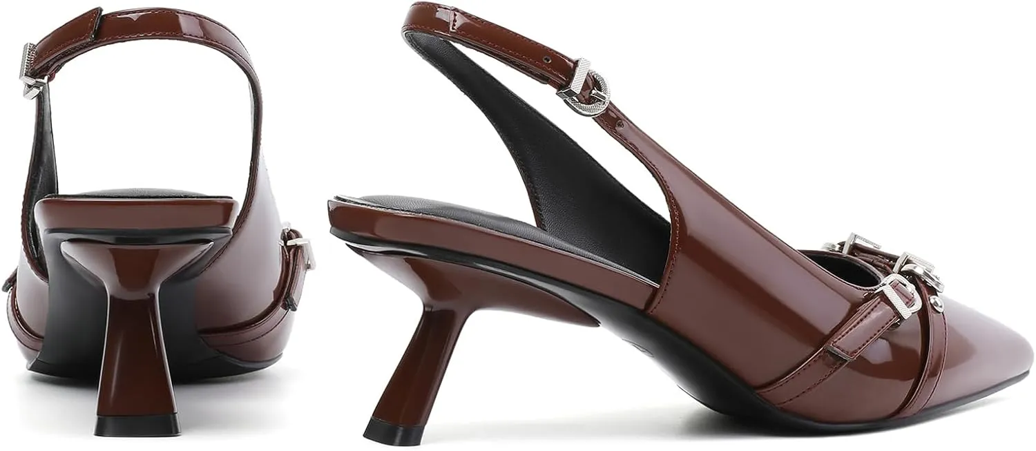 Mostrin Kitten Heels for Women Pointed Toe Pumps Patent Leather Low Heel Slingback Heels with Buckle Dress Shoes for Dating Party Working