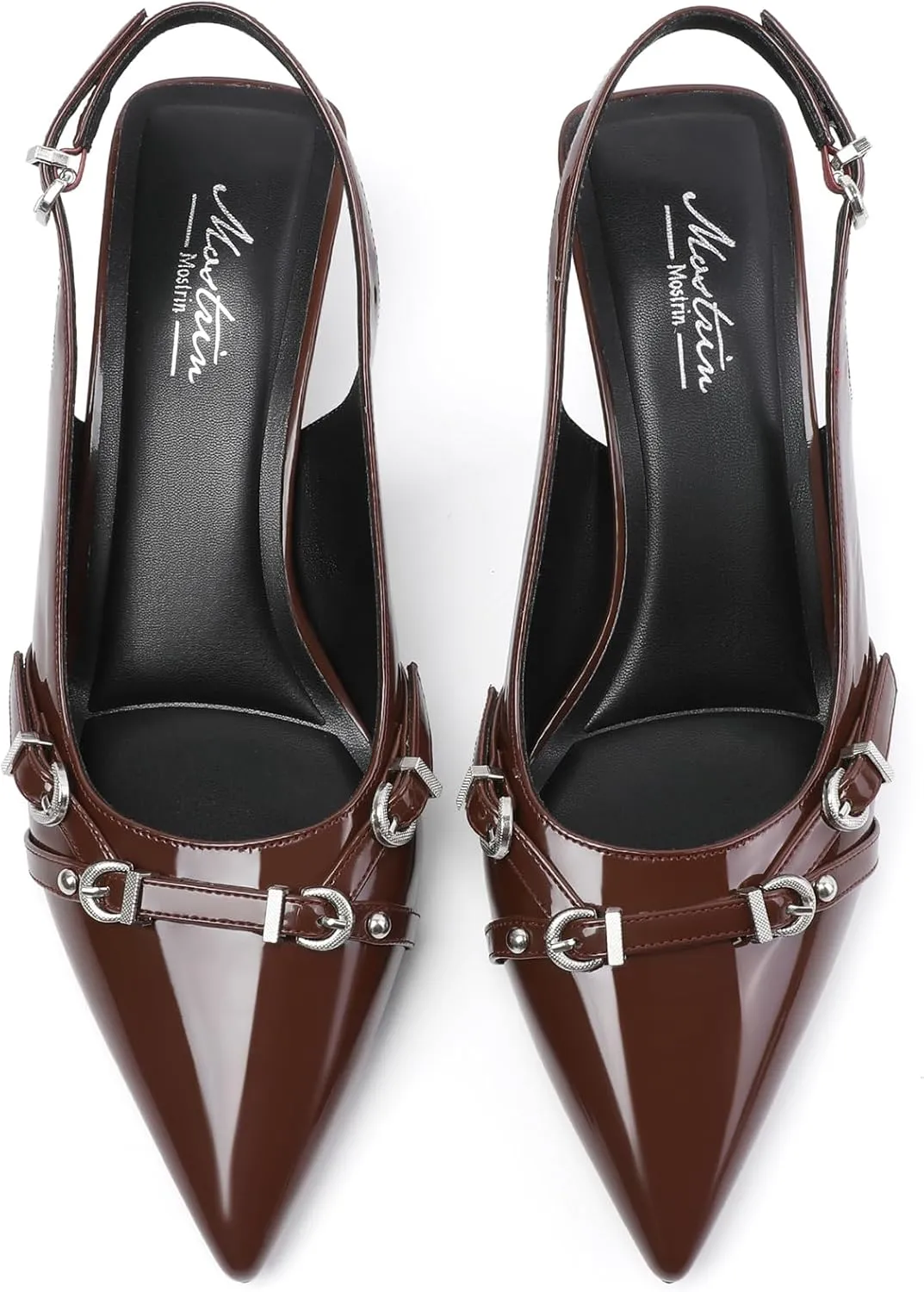 Mostrin Kitten Heels for Women Pointed Toe Pumps Patent Leather Low Heel Slingback Heels with Buckle Dress Shoes for Dating Party Working