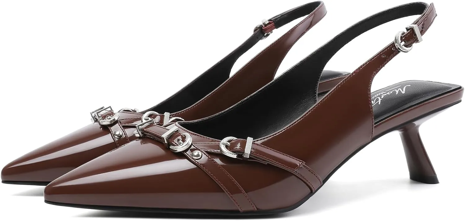 Mostrin Kitten Heels for Women Pointed Toe Pumps Patent Leather Low Heel Slingback Heels with Buckle Dress Shoes for Dating Party Working