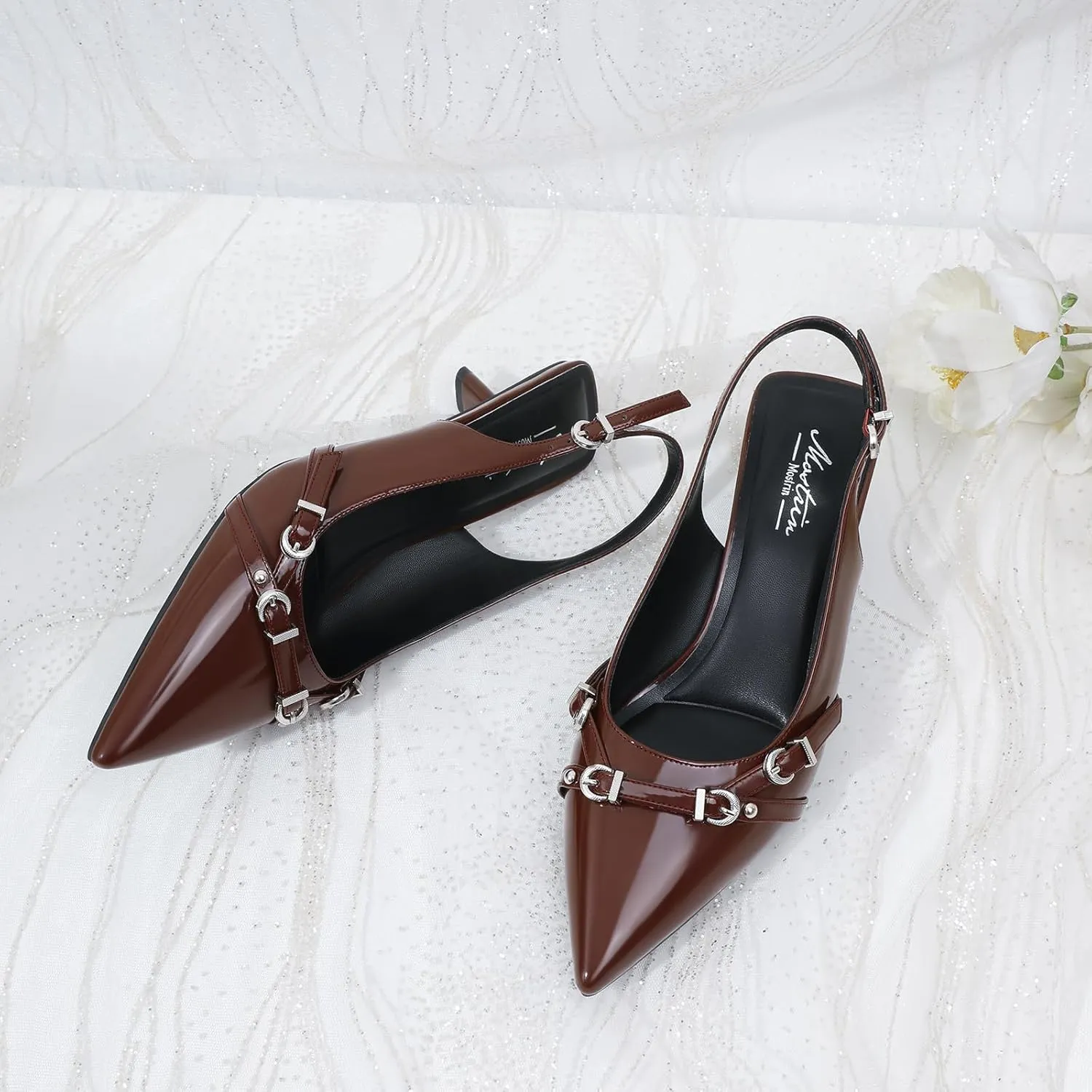 Mostrin Kitten Heels for Women Pointed Toe Pumps Patent Leather Low Heel Slingback Heels with Buckle Dress Shoes for Dating Party Working