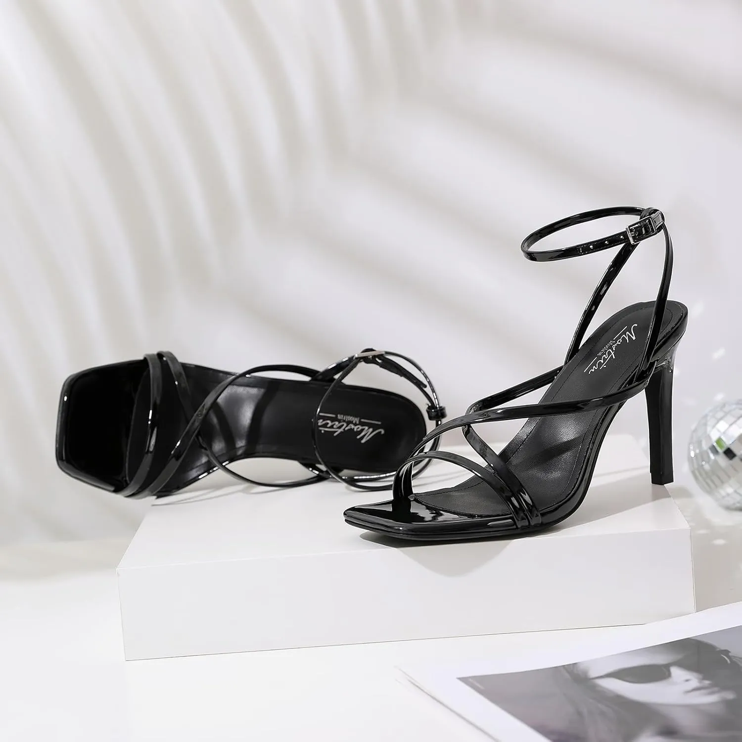Mostrin Strappy Heels for Women Square Open Toe Lace Up Heeled Sandals Ankle Strap Sexy Stiletto High Heels for Party, Prom, Dating, Wedding
