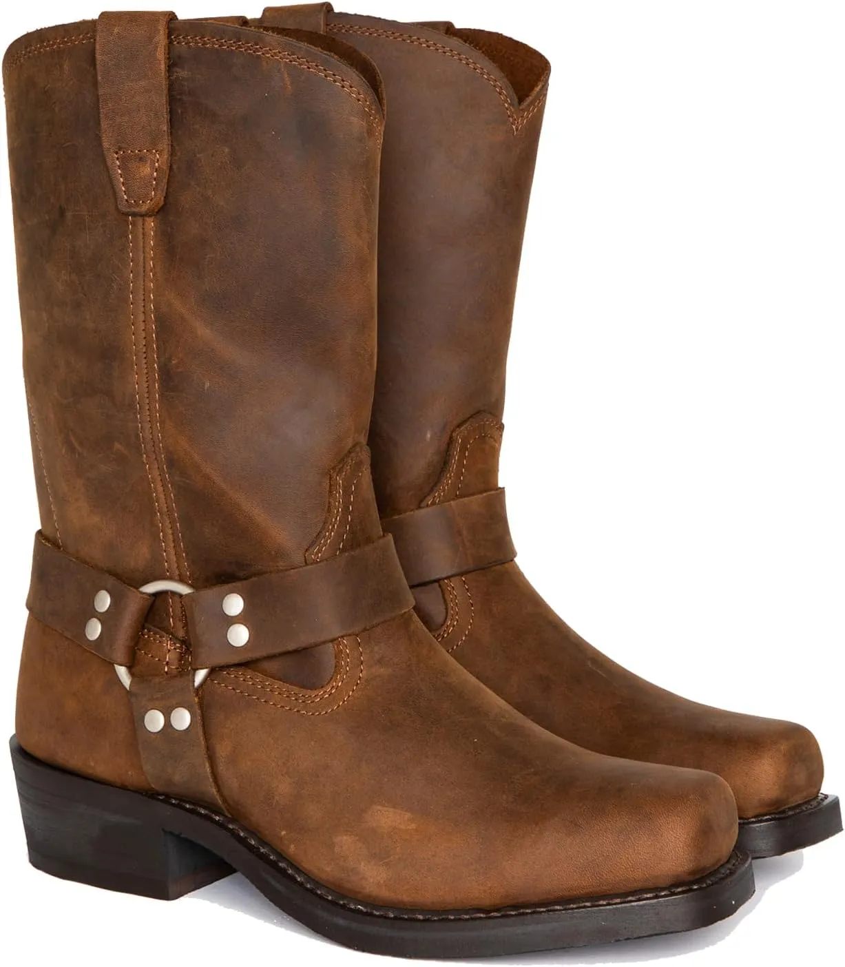 Motorcycle Boots Men Harness Straps Mid Calf Pull On Boots for Men Pu Leather Men's Western Boots