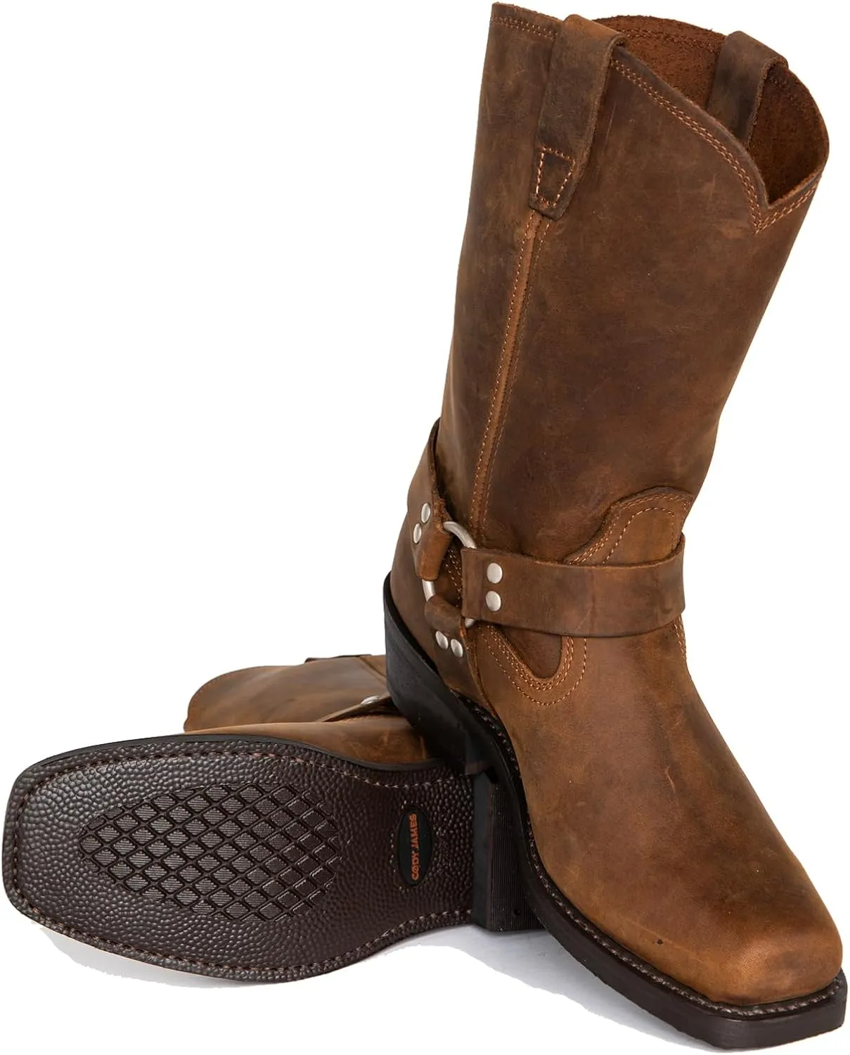 Motorcycle Boots Men Harness Straps Mid Calf Pull On Boots for Men Pu Leather Men's Western Boots