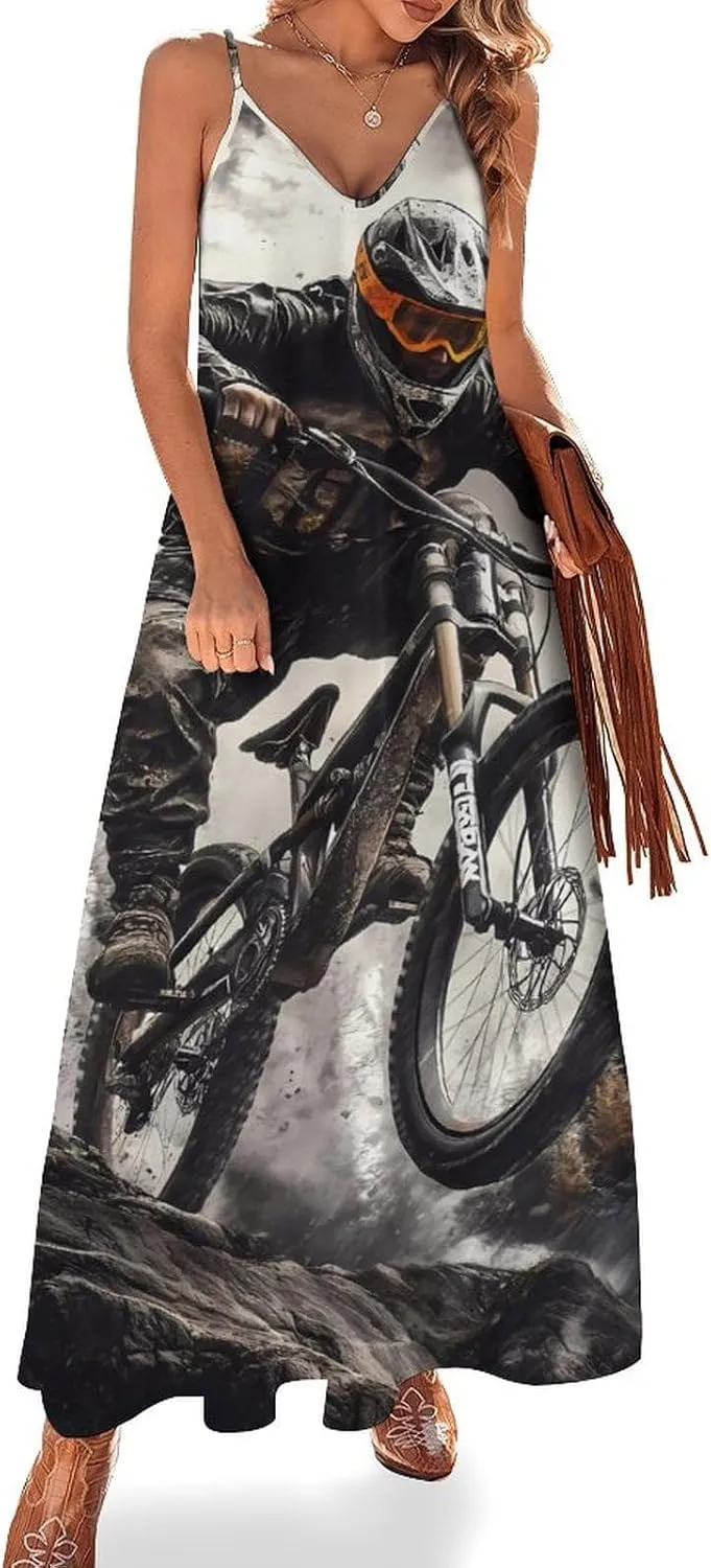 Mountain Bike Rider Long Dresses for Women Spaghetti Straps Sleeveless Slip Dress Casual Sundress Tankdress L