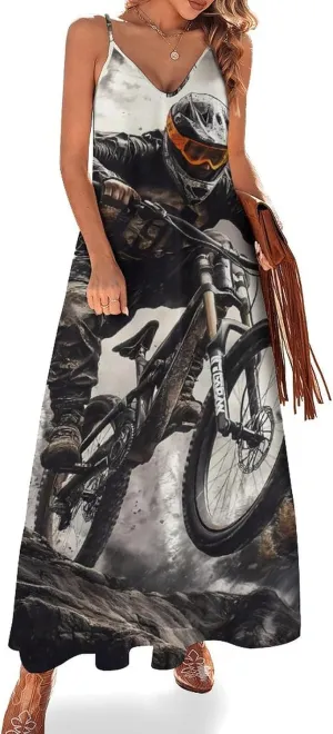 Mountain Bike Rider Long Dresses for Women Spaghetti Straps Sleeveless Slip Dress Casual Sundress Tankdress L