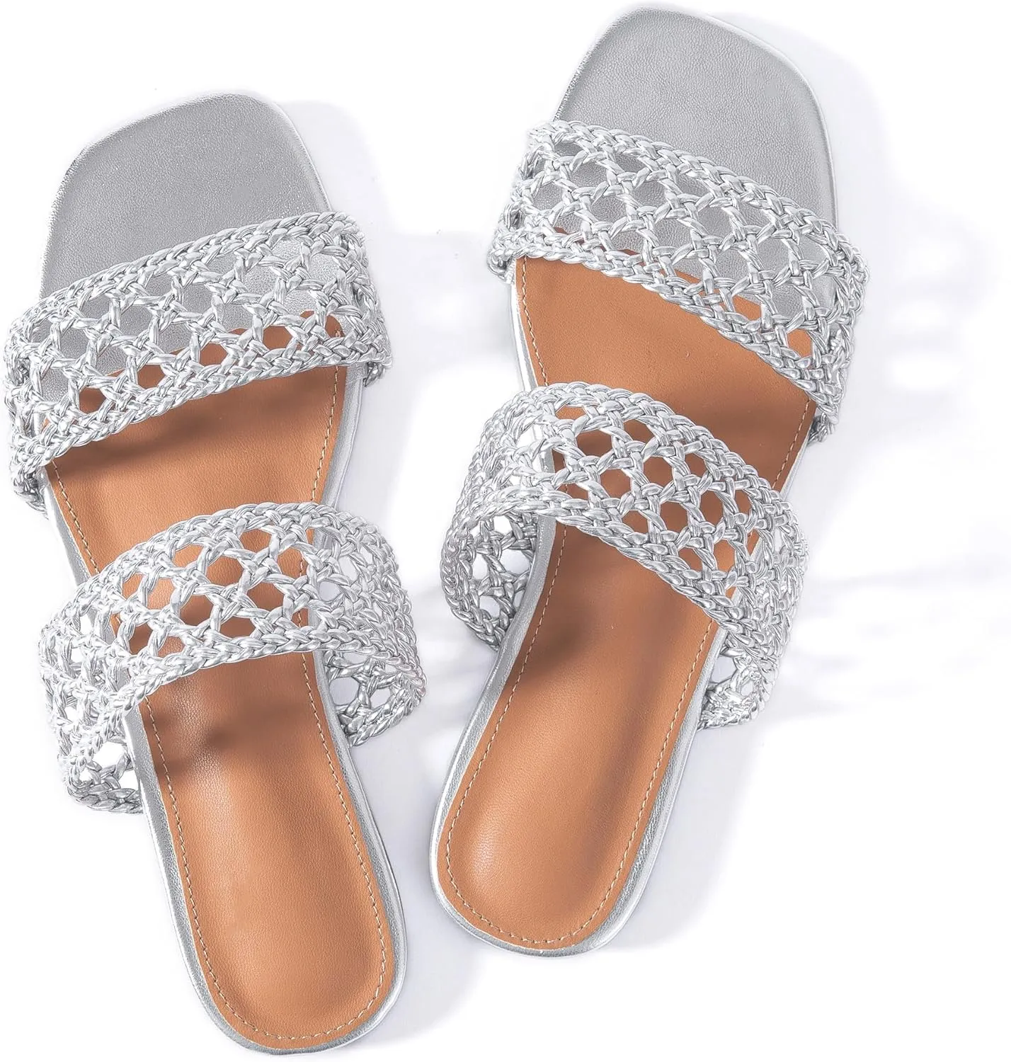 Mtzyoa Women's Sandals Casual Braided Dressy Summer Square Toe Quilted Flat Sandals