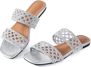 Mtzyoa Women's Sandals Casual Braided Dressy Summer Square Toe Quilted Flat Sandals