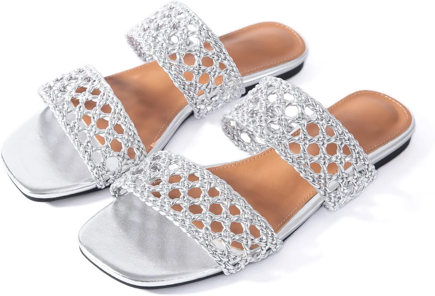 Mtzyoa Women's Sandals Casual Braided Dressy Summer Square Toe Quilted Flat Sandals