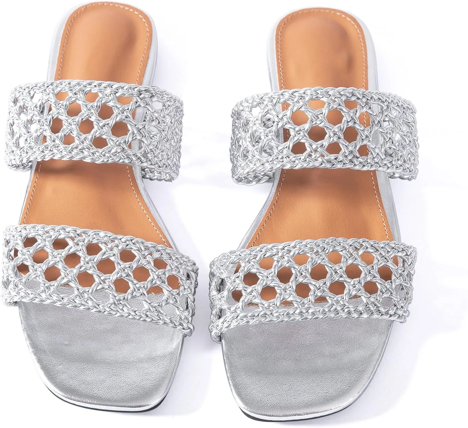 Mtzyoa Women's Sandals Casual Braided Dressy Summer Square Toe Quilted Flat Sandals