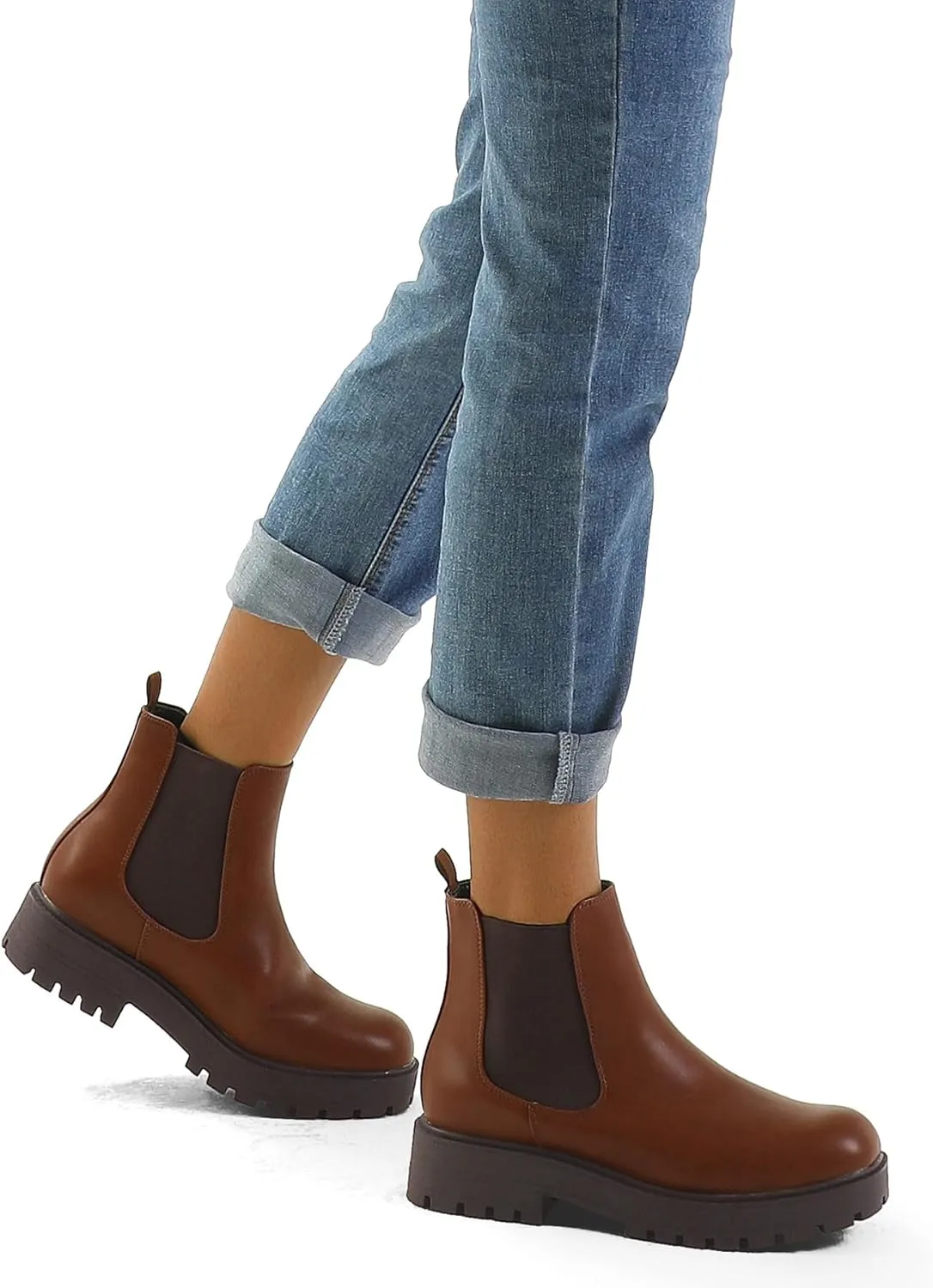 mysoft Women's Chelsea boots Low Heel Slip On Lug Sole Elastic Ankle Booties