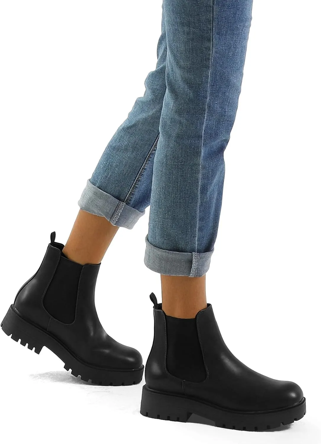 mysoft Women's Chelsea boots Low Heel Slip On Lug Sole Elastic Ankle Booties