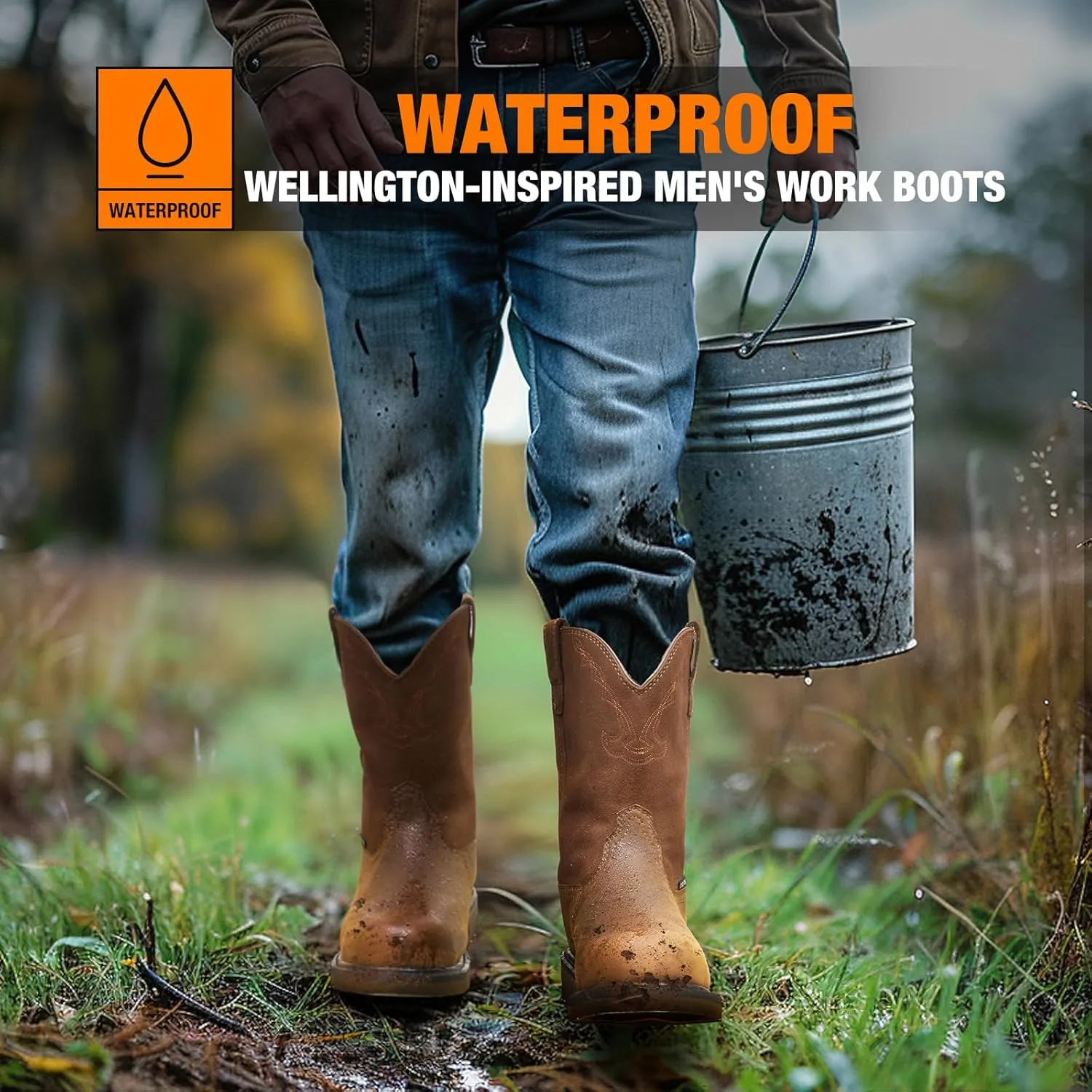 NINGO Men's Steel Toe Work Boots, Waterproof Wellington Boots with Full Grain Leather, Goodyear Welt Pull-On Design, Non Slip Work Shoes, EH Protection for Industrial, Agriculture