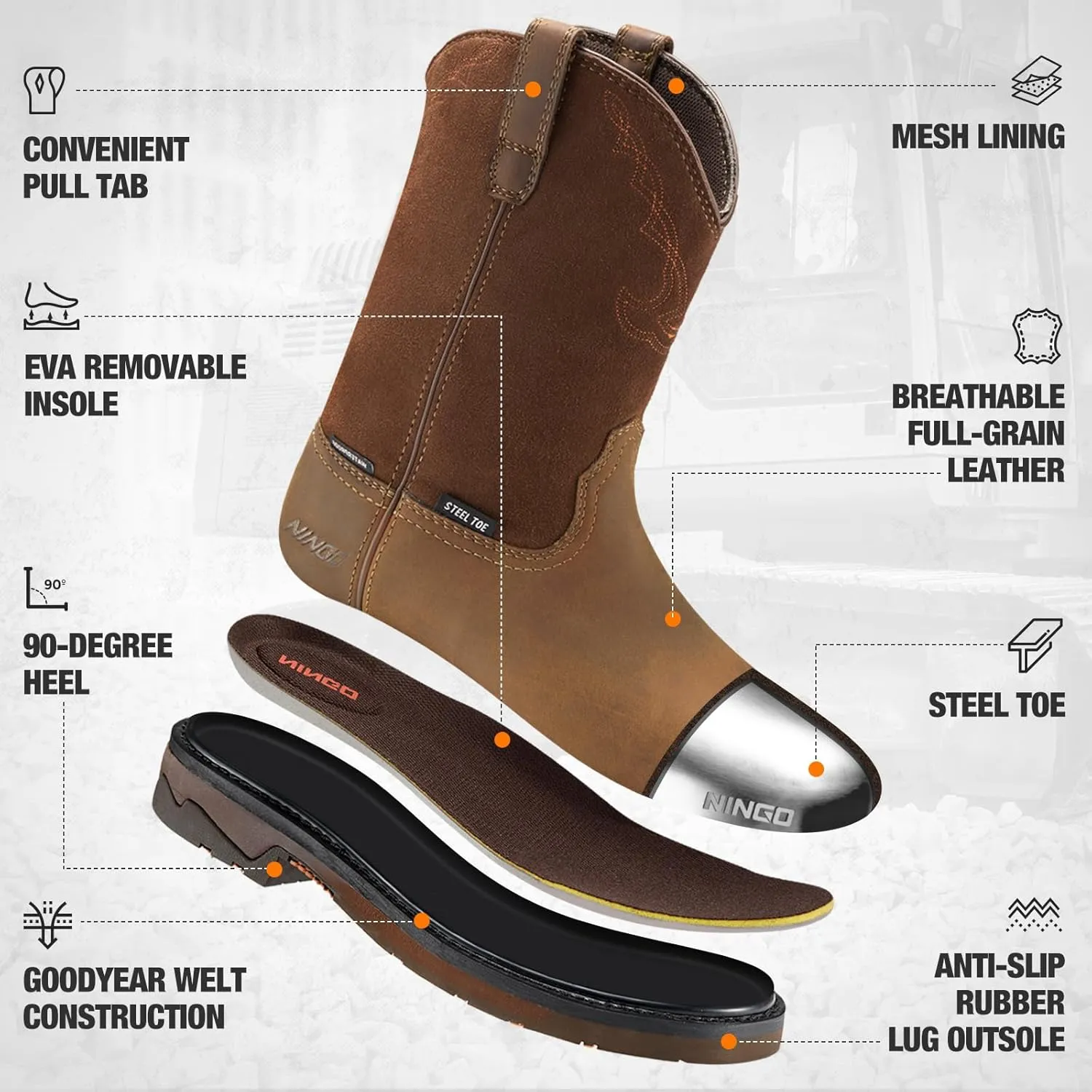 NINGO Men's Steel Toe Work Boots, Waterproof Wellington Boots with Full Grain Leather, Goodyear Welt Pull-On Design, Non Slip Work Shoes, EH Protection for Industrial, Agriculture