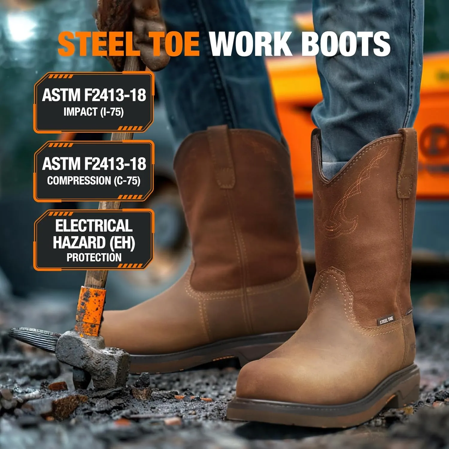 NINGO Men's Steel Toe Work Boots, Waterproof Wellington Boots with Full Grain Leather, Goodyear Welt Pull-On Design, Non Slip Work Shoes, EH Protection for Industrial, Agriculture