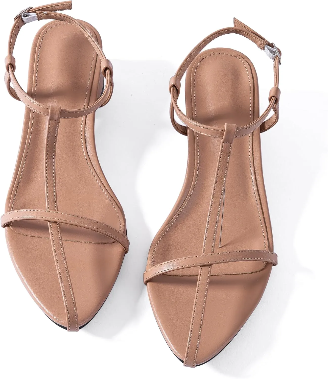 N.N.G Women Pointed Toe Ankle Strap Sandals, Low Block Heel, Black Nude Leather, 2 Inch Heel