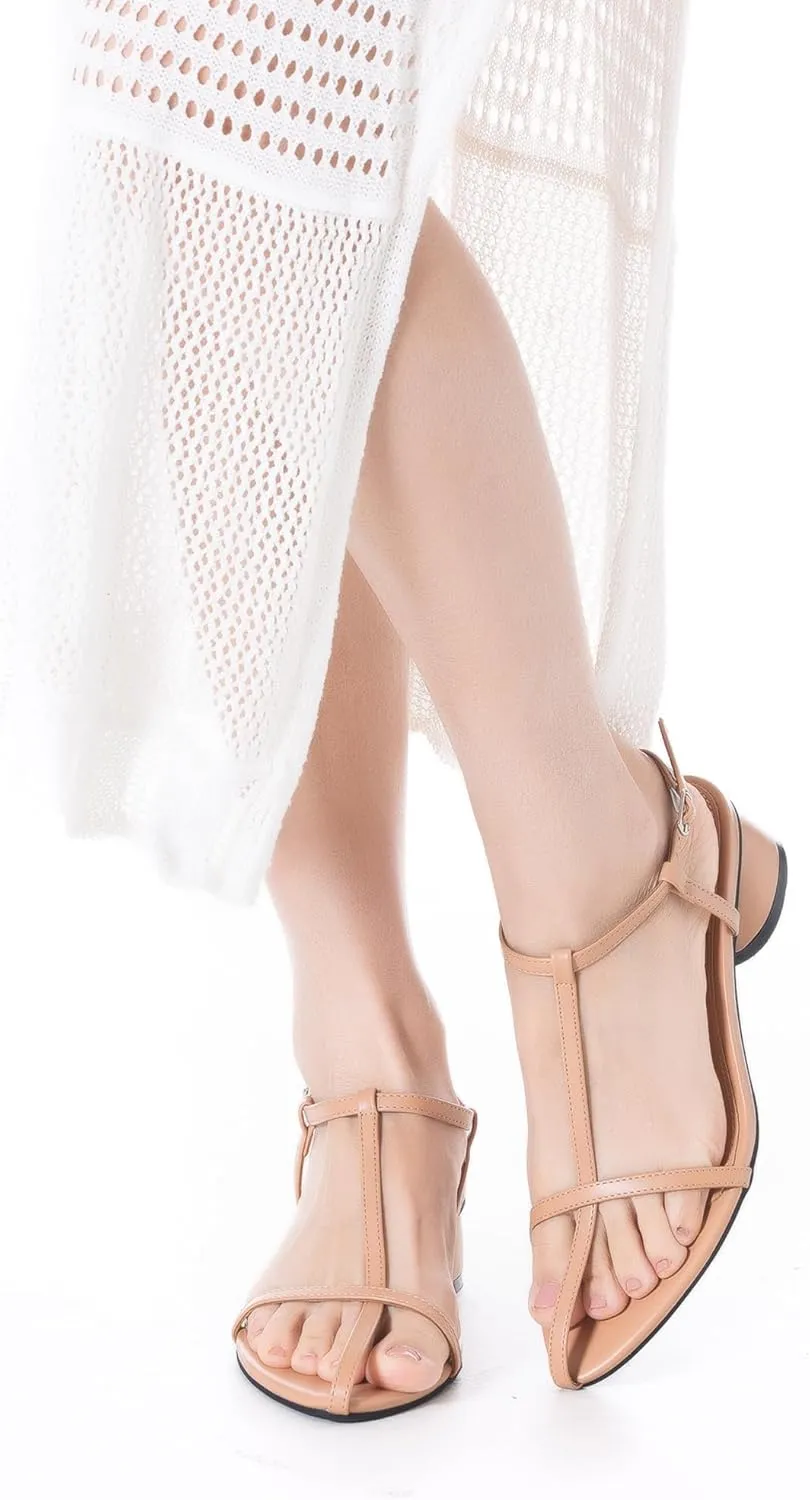 N.N.G Women Pointed Toe Ankle Strap Sandals, Low Block Heel, Black Nude Leather, 2 Inch Heel