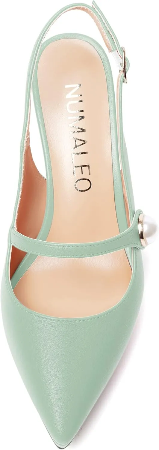 NUMALEO Womens Dress Pearl Matte Wedding Solid Ankle Strap Pointed Toe Buckle Spool High Heel Platforms Sandals 4 Inch
