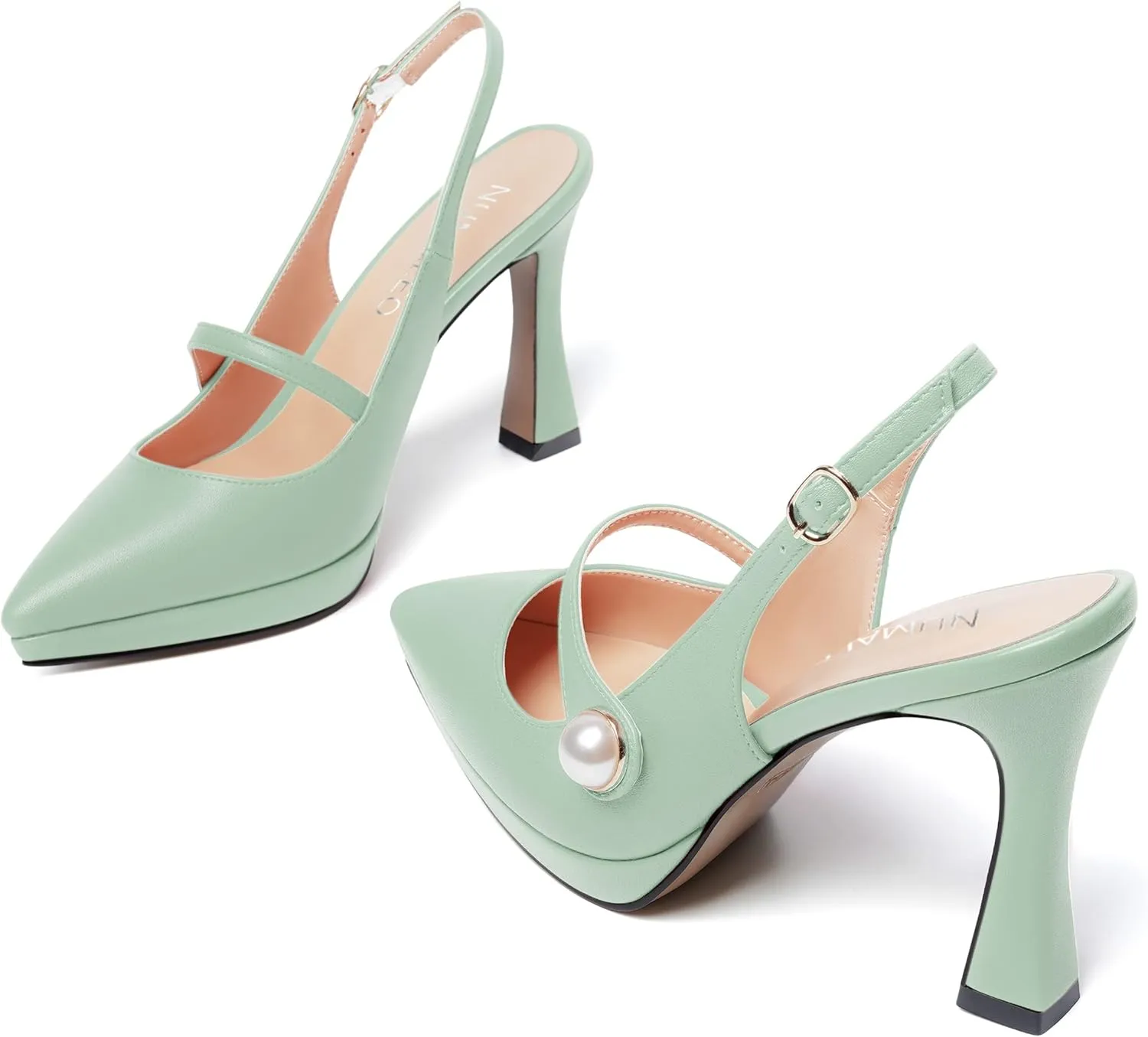 NUMALEO Womens Dress Pearl Matte Wedding Solid Ankle Strap Pointed Toe Buckle Spool High Heel Platforms Sandals 4 Inch