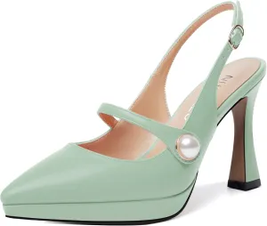 NUMALEO Womens Dress Pearl Matte Wedding Solid Ankle Strap Pointed Toe Buckle Spool High Heel Platforms Sandals 4 Inch