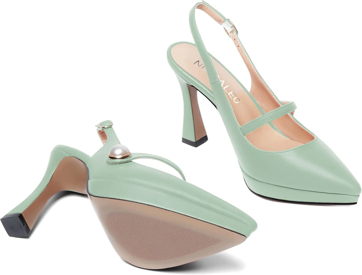 NUMALEO Womens Dress Pearl Matte Wedding Solid Ankle Strap Pointed Toe Buckle Spool High Heel Platforms Sandals 4 Inch