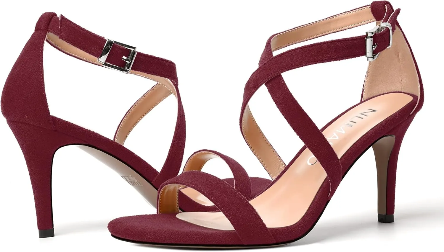 NUMALEO Womens Open Toe Buckle Evening Ankle Strap Comfortable Sexy Suede Stiletto High Heel Heeled Sandals 3.3 Inch