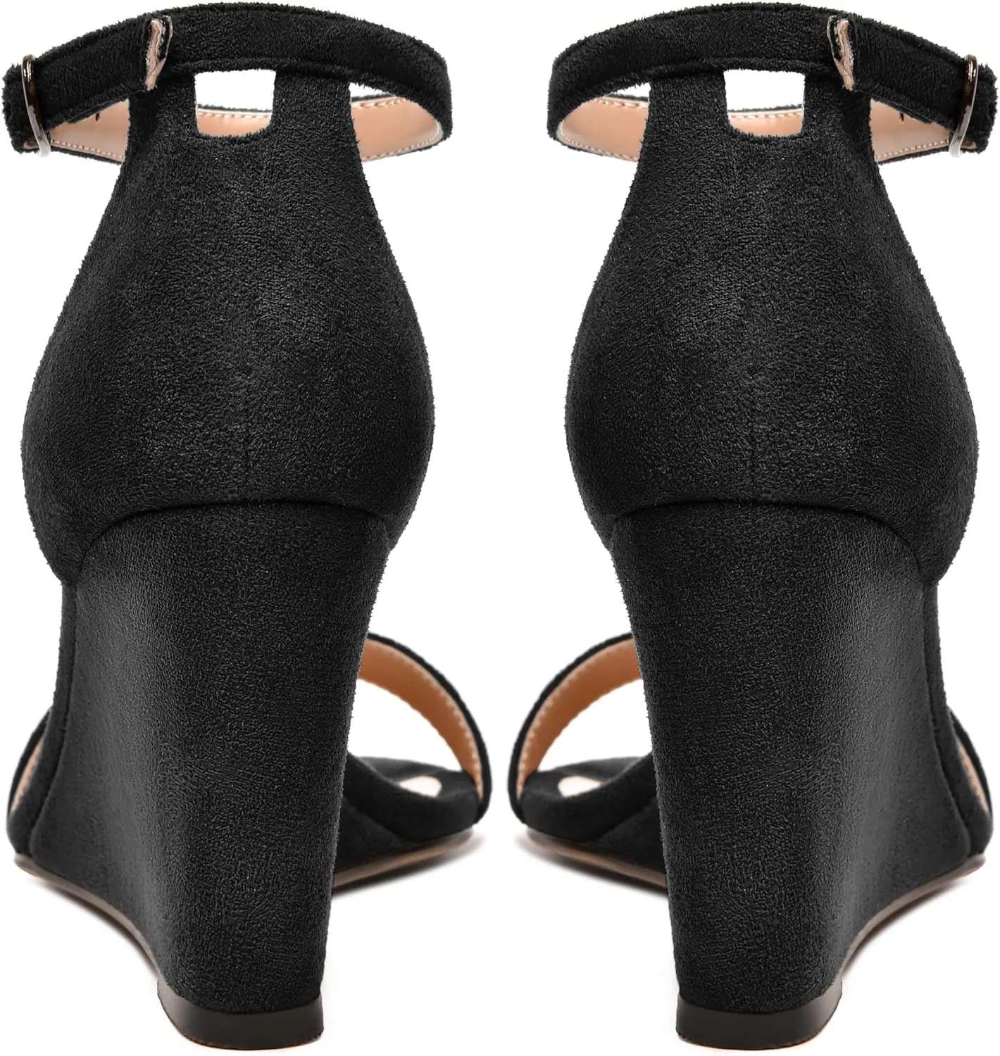 NUMALEO Womens Party Buckle Fashion Ankle Strap Suede Round Toe One Strap Wedge High Heel Heeled Sandals 3.3 Inch