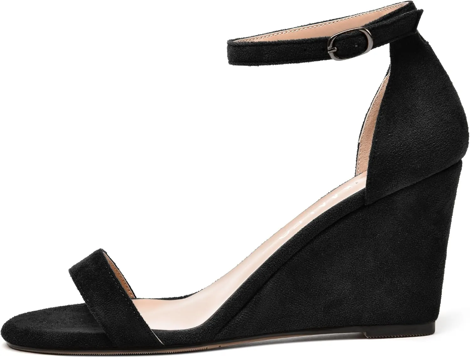 NUMALEO Womens Party Buckle Fashion Ankle Strap Suede Round Toe One Strap Wedge High Heel Heeled Sandals 3.3 Inch
