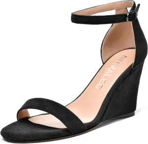 NUMALEO Womens Party Buckle Fashion Ankle Strap Suede Round Toe One Strap Wedge High Heel Heeled Sandals 3.3 Inch