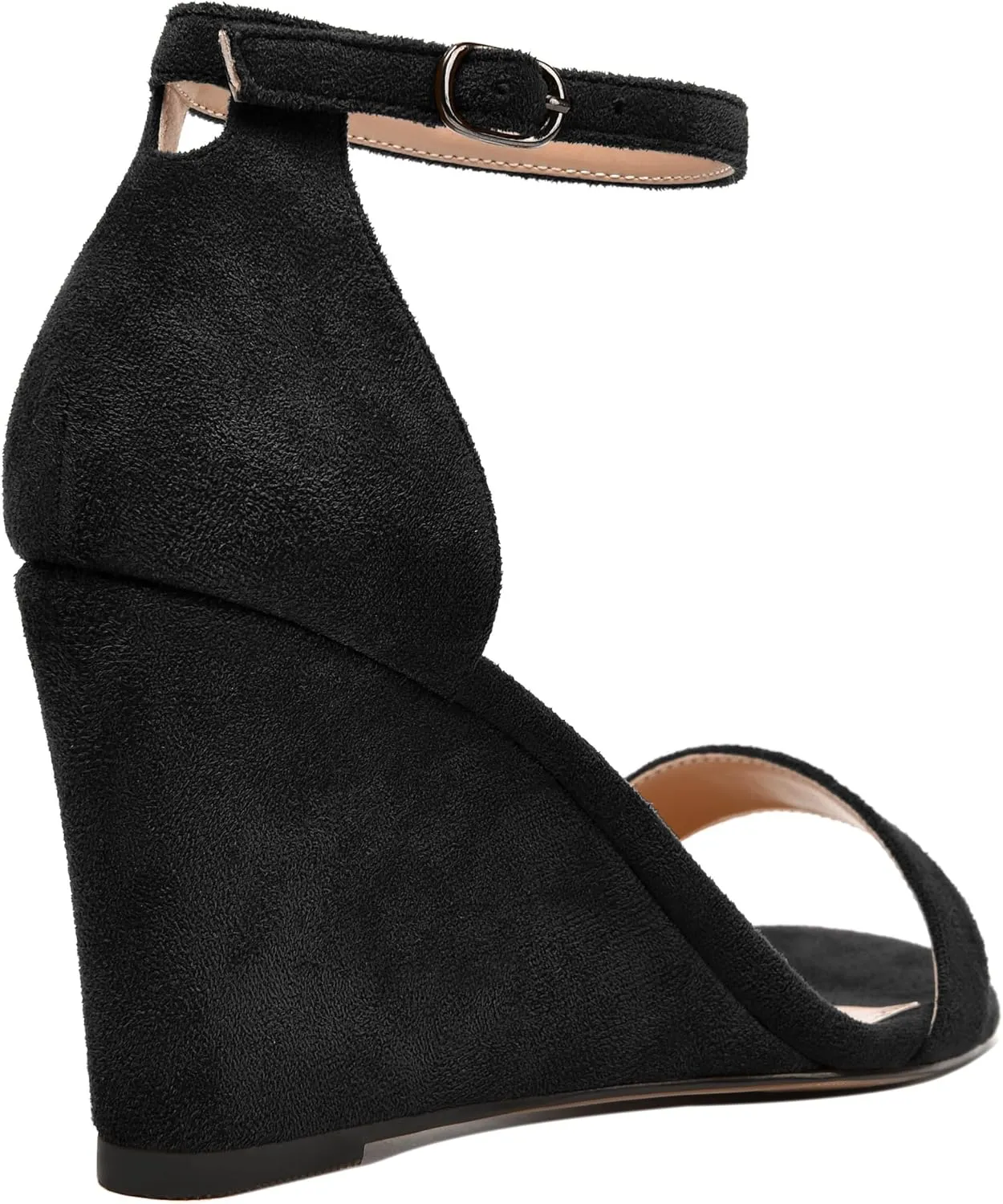NUMALEO Womens Party Buckle Fashion Ankle Strap Suede Round Toe One Strap Wedge High Heel Heeled Sandals 3.3 Inch
