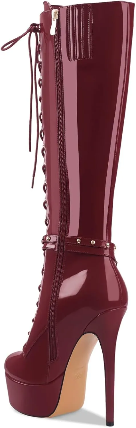 Oh Mispares Platform Knee High Boots Stiletto High Heels Round Closed Toe Lace up Patent Leather Tall Boots for Women 6 inch Studs Long Boots with Gold Chain