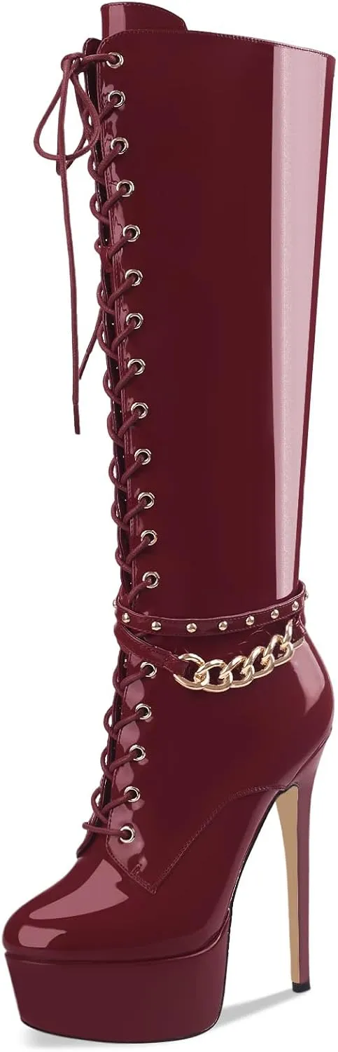 Oh Mispares Platform Knee High Boots Stiletto High Heels Round Closed Toe Lace up Patent Leather Tall Boots for Women 6 inch Studs Long Boots with Gold Chain