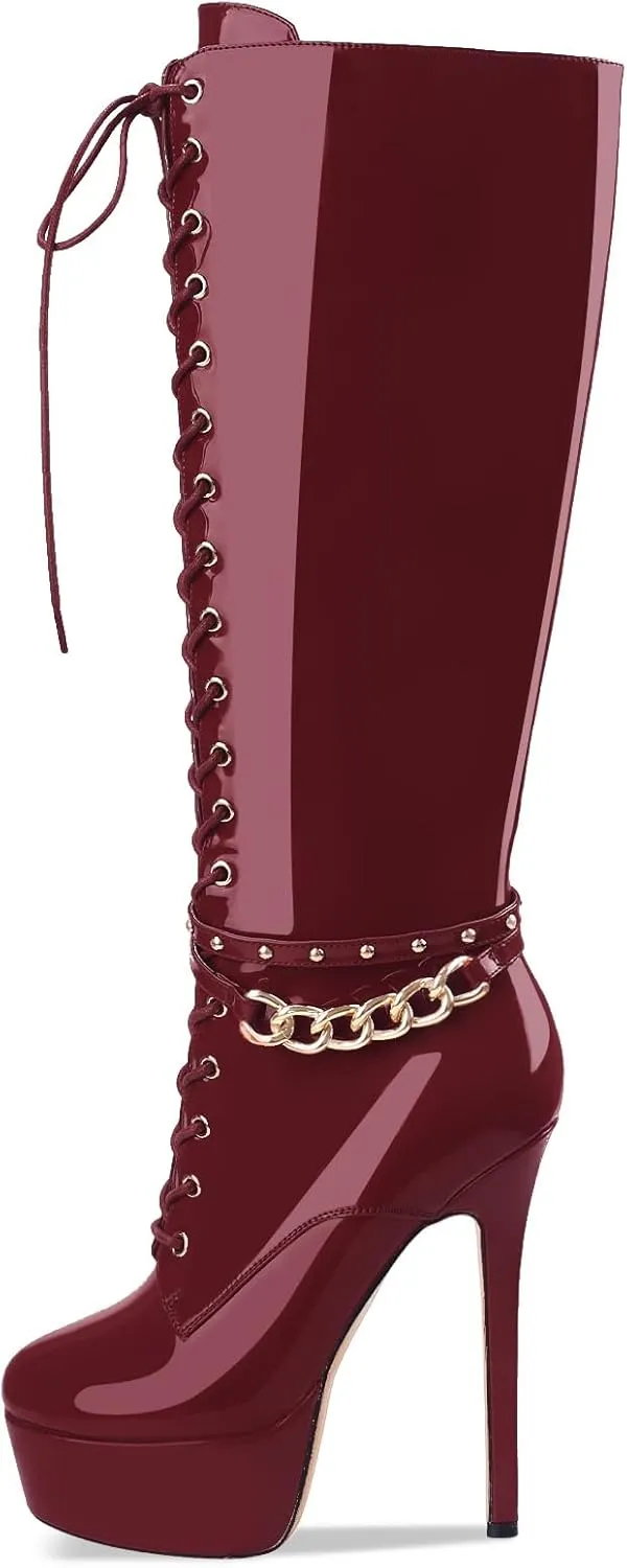 Oh Mispares Platform Knee High Boots Stiletto High Heels Round Closed Toe Lace up Patent Leather Tall Boots for Women 6 inch Studs Long Boots with Gold Chain