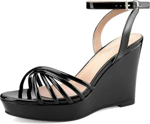 Oh Mispares Women’s Platform Wedge Sandals Open Toe Strappy Dress Shoes Adjustable Ankle Strap Buckle 4 Inch High Heels for Party Wedding and Office