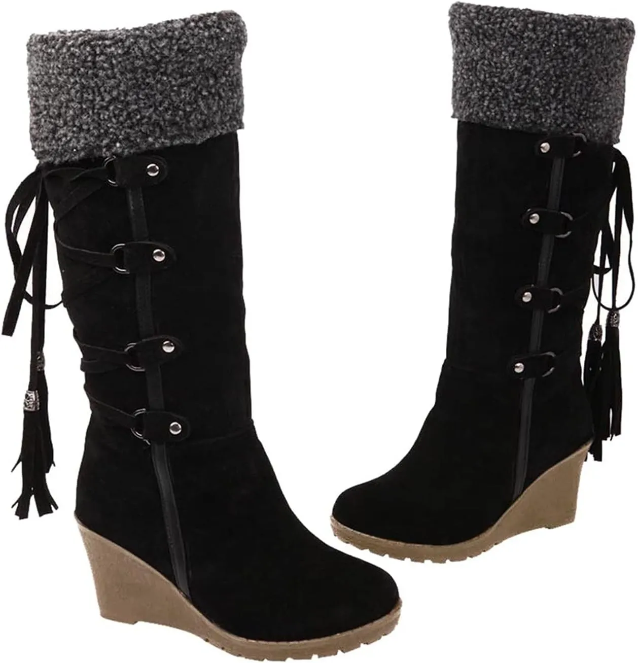 oiangi Wedges Snow Boots for Women Fashion Round Head Cross Straps Lace Up Tassels Middle Calf Boots Comfortable Soft Ladies Outdoor Boots Shoes