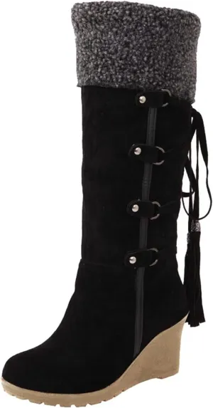 oiangi Wedges Snow Boots for Women Fashion Round Head Cross Straps Lace Up Tassels Middle Calf Boots Comfortable Soft Ladies Outdoor Boots Shoes