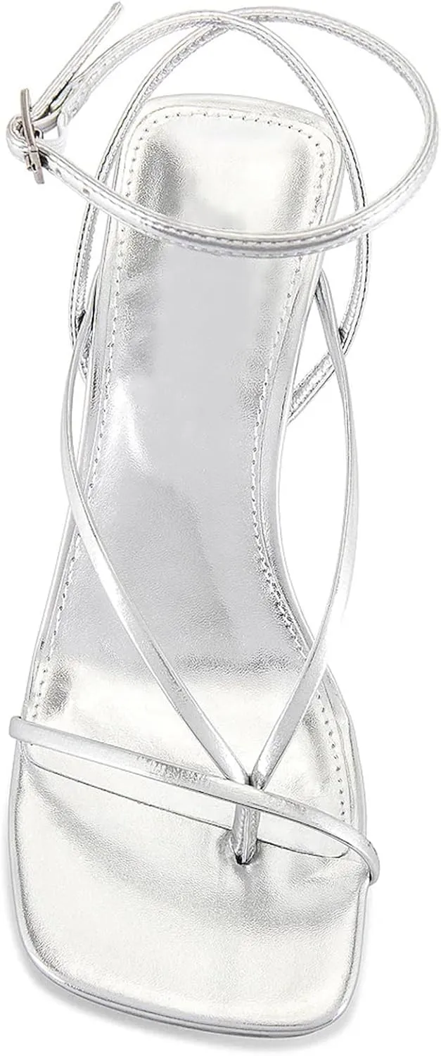 olomisa Strappy Heels for Women Square Toe Thong Heels Ankle Strap Stiletto Heeled Sandals