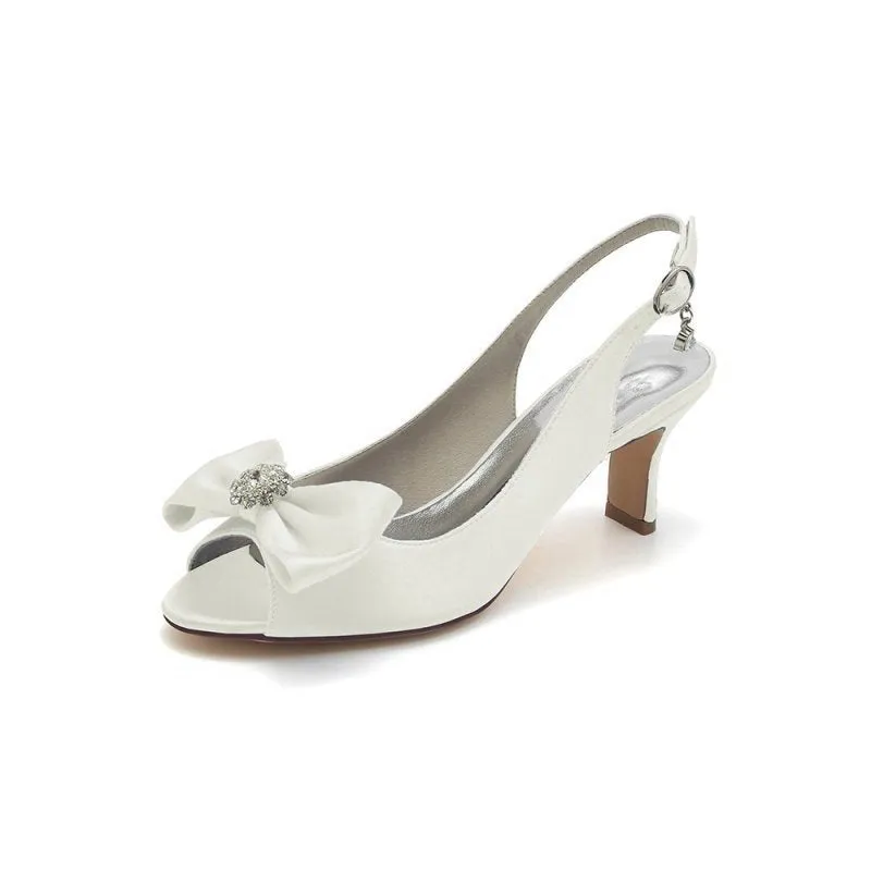 Open Toe Beaded Satin Stiletto Heels With Bow