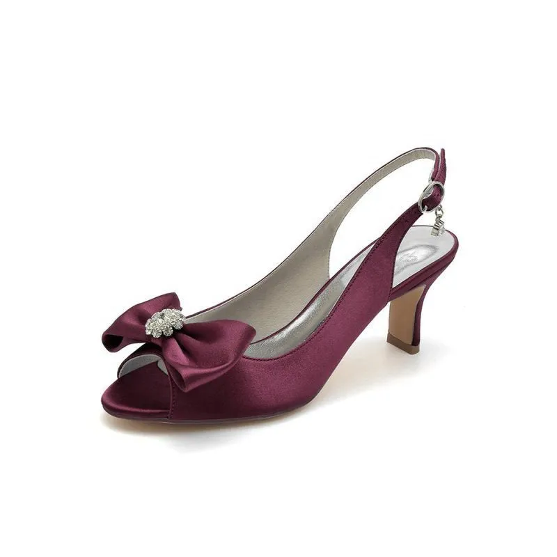 Open Toe Beaded Satin Stiletto Heels With Bow
