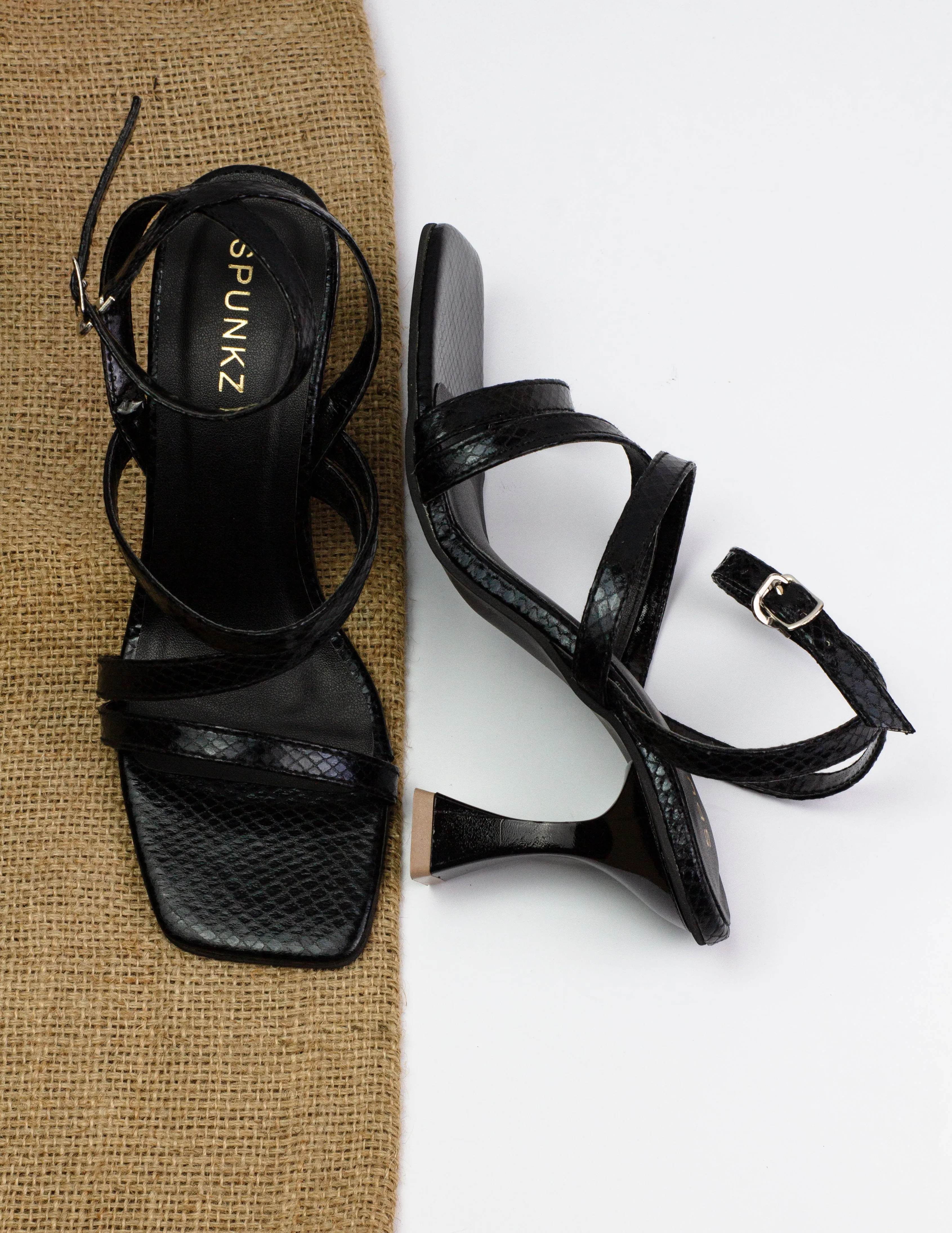 Orla Black Crocs leather Straps Ankle Heeled Sandals-11053
