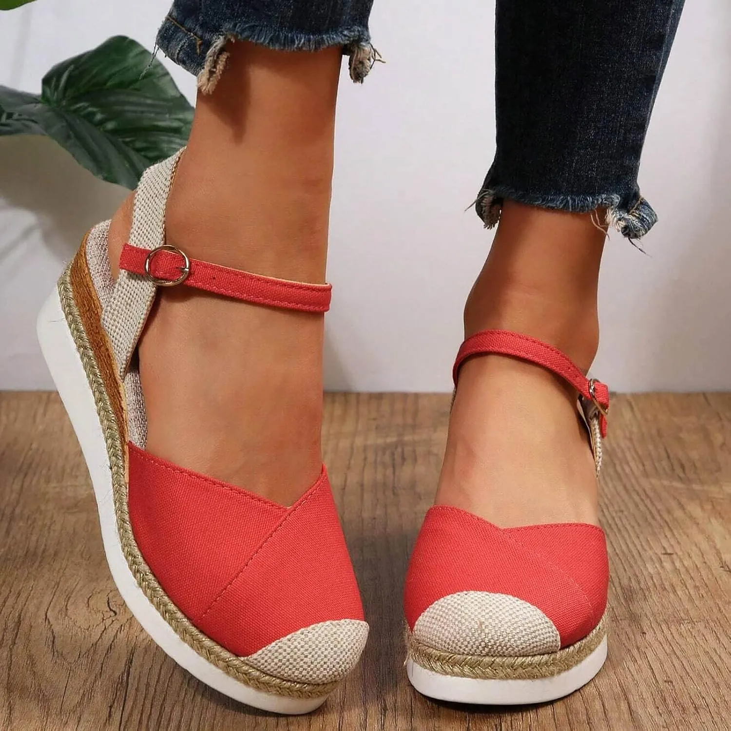 Orthopedic Platform Wedge Sandals for Women Summer Dressy 2023 Flat Open Toe Ankle Strap Espadrilles Sandals Casual Strappy Slip on Sandals Beach Boho Sandals Comfortable Outdoor Shoes (1-Red, 8)