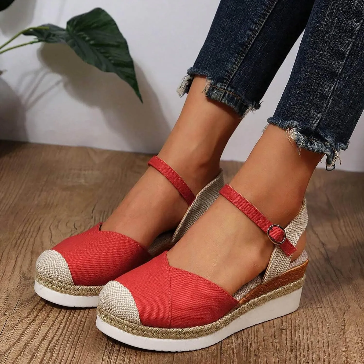 Orthopedic Platform Wedge Sandals for Women Summer Dressy 2023 Flat Open Toe Ankle Strap Espadrilles Sandals Casual Strappy Slip on Sandals Beach Boho Sandals Comfortable Outdoor Shoes (1-Red, 8)