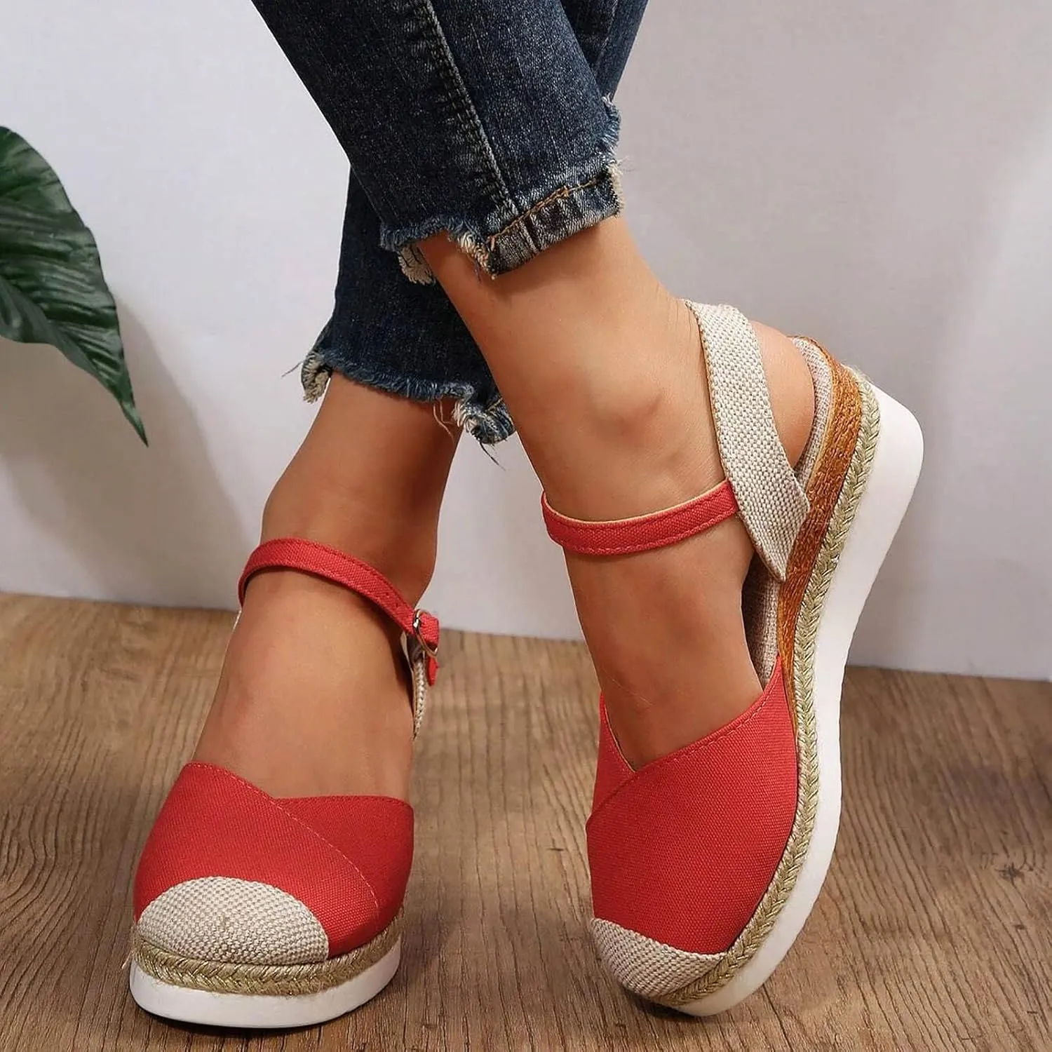 Orthopedic Platform Wedge Sandals for Women Summer Dressy 2023 Flat Open Toe Ankle Strap Espadrilles Sandals Casual Strappy Slip on Sandals Beach Boho Sandals Comfortable Outdoor Shoes (1-Red, 8)
