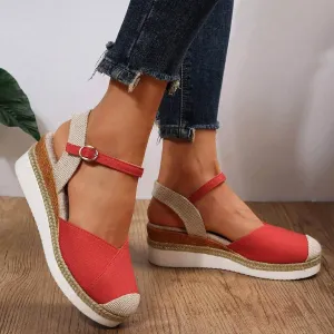 Orthopedic Platform Wedge Sandals for Women Summer Dressy 2023 Flat Open Toe Ankle Strap Espadrilles Sandals Casual Strappy Slip on Sandals Beach Boho Sandals Comfortable Outdoor Shoes (1-Red, 8)