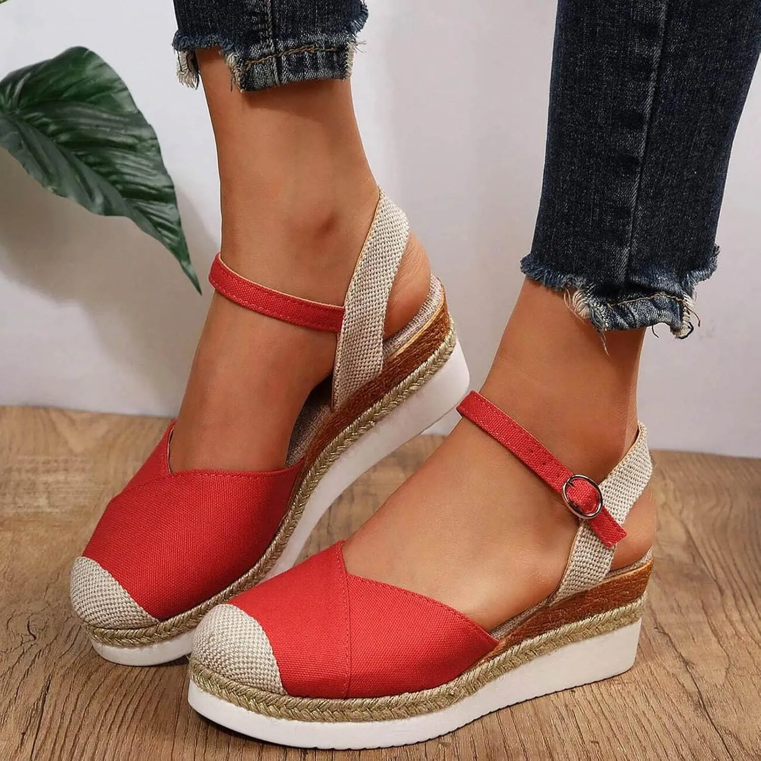 Orthopedic Platform Wedge Sandals for Women Summer Dressy 2023 Flat Open Toe Ankle Strap Espadrilles Sandals Casual Strappy Slip on Sandals Beach Boho Sandals Comfortable Outdoor Shoes (1-Red, 8)