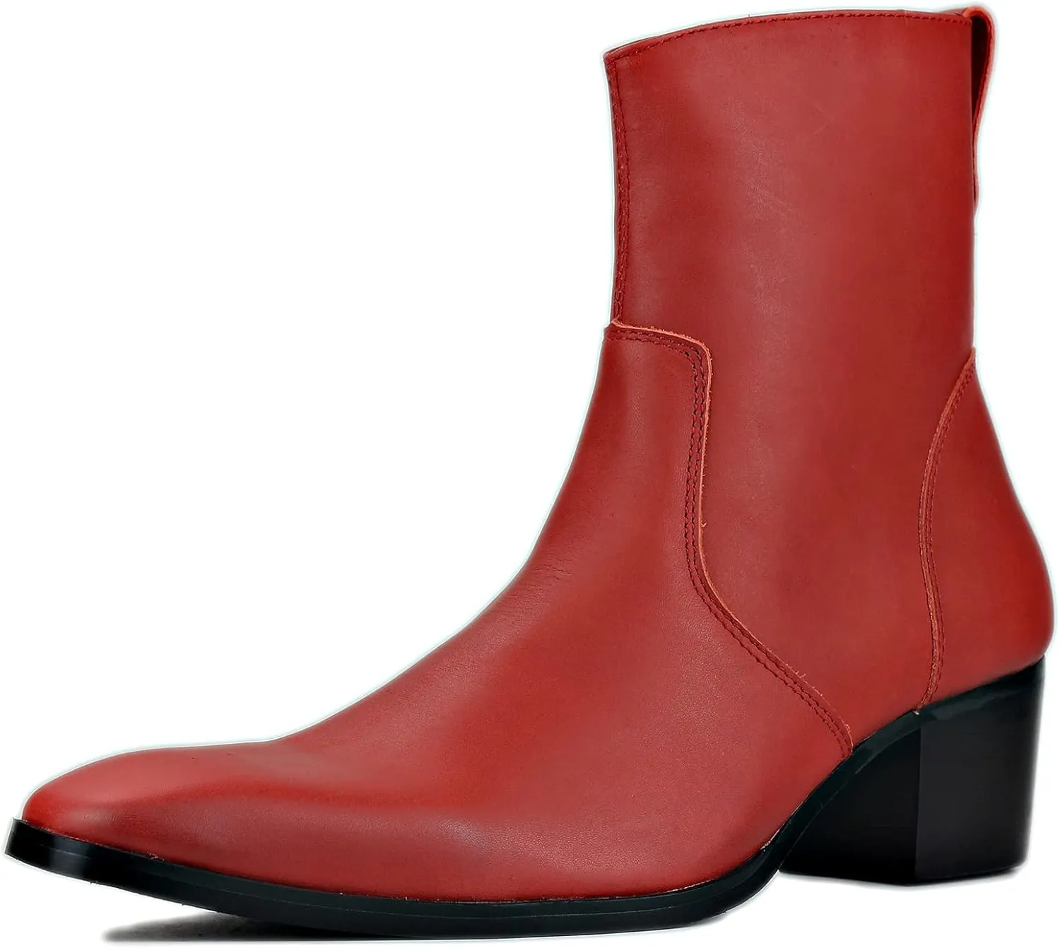 OSSTONE Dress Boot for Men Leather Chelsea Boots Calfskin Casual Heel Shoes Zipper-up OS-JY048-Red-R
