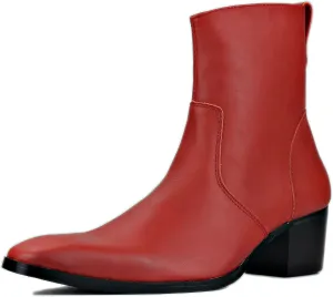OSSTONE Dress Boot for Men Leather Chelsea Boots Calfskin Casual Heel Shoes Zipper-up OS-JY048-Red-R