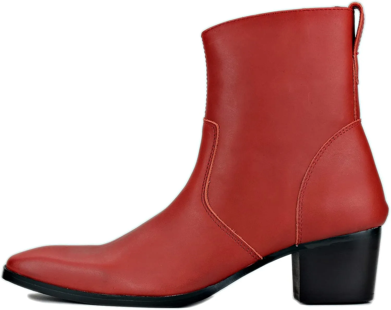 OSSTONE Dress Boot for Men Leather Chelsea Boots Calfskin Casual Heel Shoes Zipper-up OS-JY048-Red-R