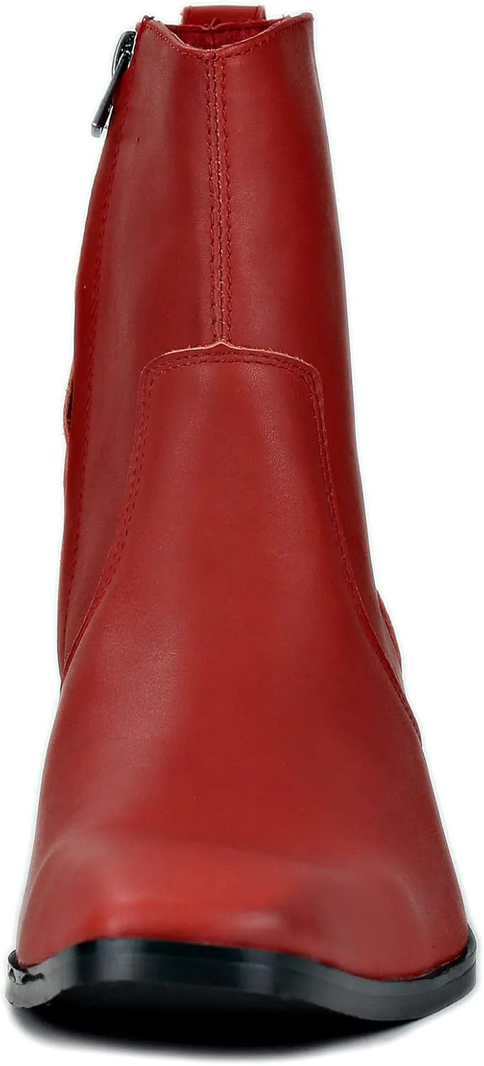 OSSTONE Dress Boot for Men Leather Chelsea Boots Calfskin Casual Heel Shoes Zipper-up OS-JY048-Red-R