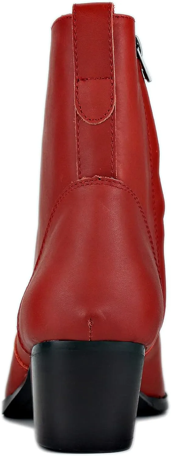 OSSTONE Dress Boot for Men Leather Chelsea Boots Calfskin Casual Heel Shoes Zipper-up OS-JY048-Red-R